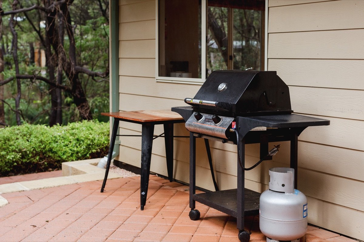 Barbecue on the brick terrace at the chalet, surrounded by native bushland